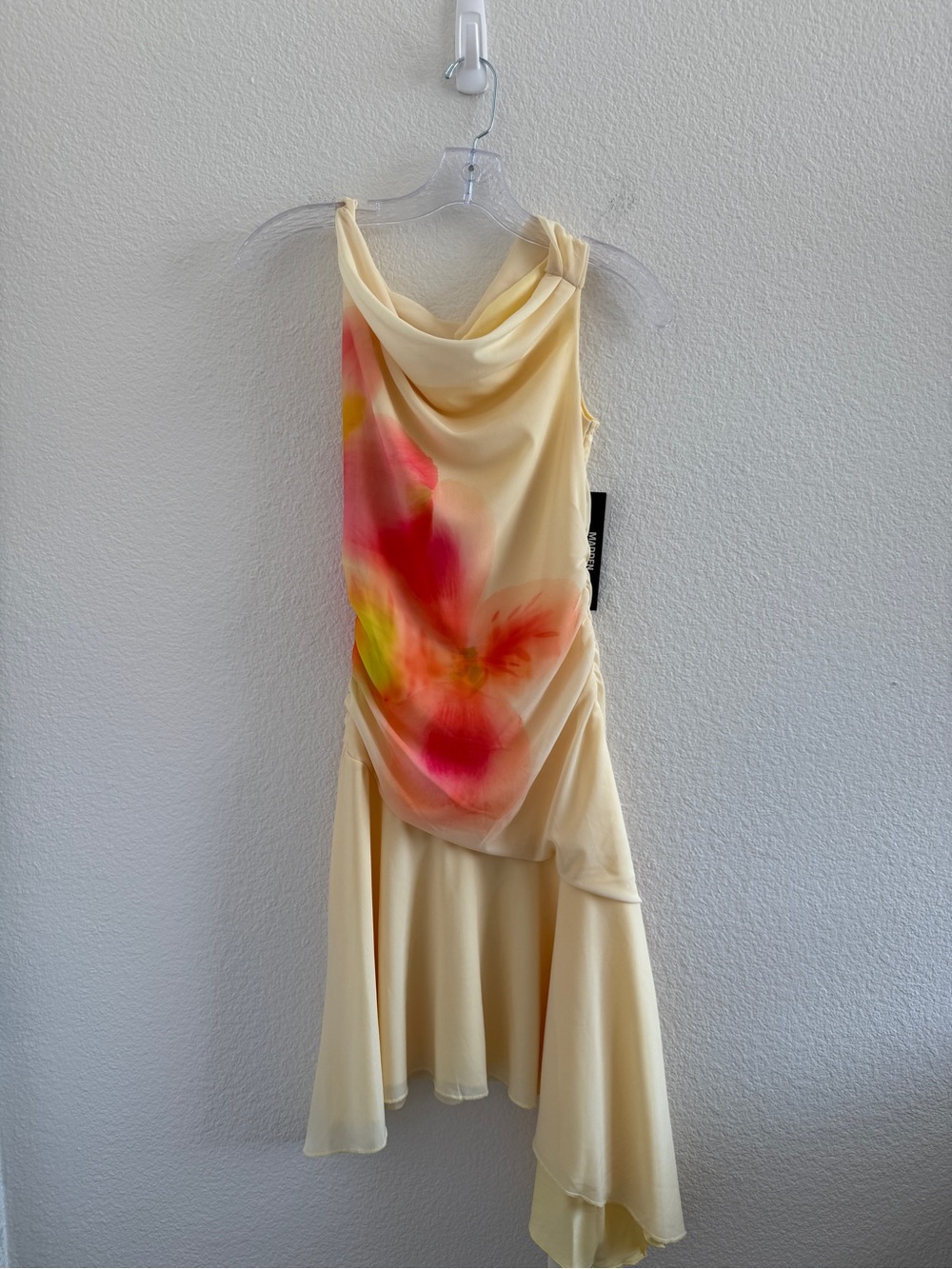 Butter Yellow Asymmetrical Dress with Pink Watercolor Floral Design